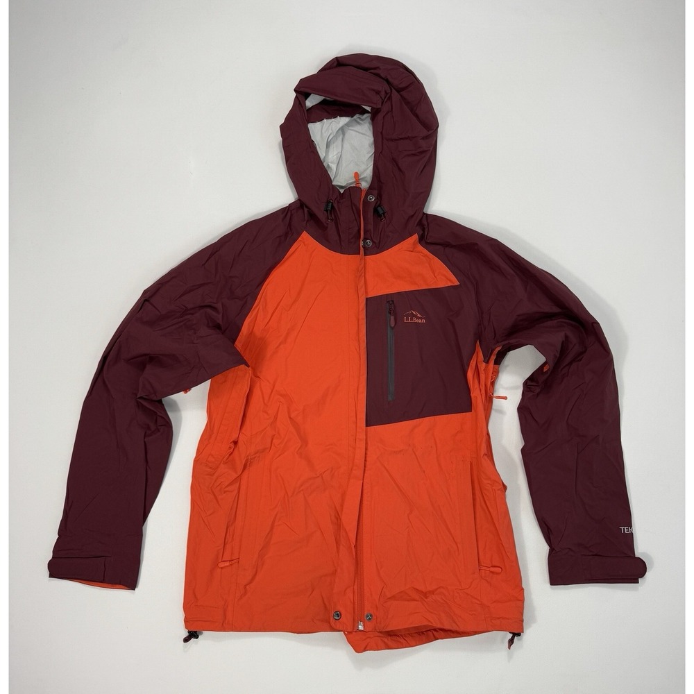 LL Bean Tek 02 Element Jacket Mens Medium Orange Maroon Hooded Rain Windbreaker